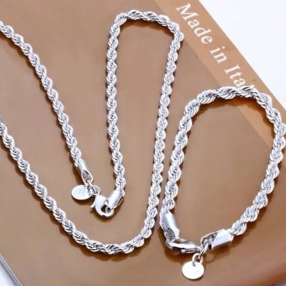925 Silver Plated Necklace & Bracelet Twisted Rope Christmas Birthday Gift NEW!